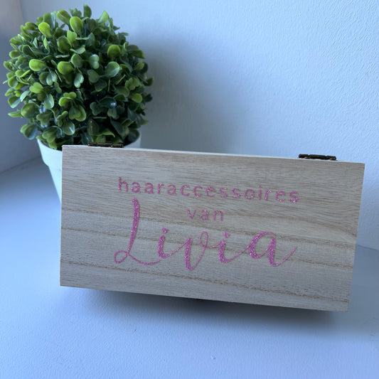 Bewaar kistje met naam - Roze glitter