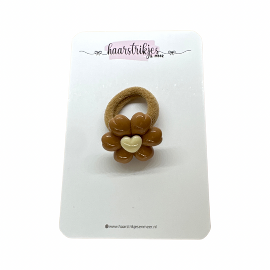 Elastiekje | Klein - Bloem met hartje bruin