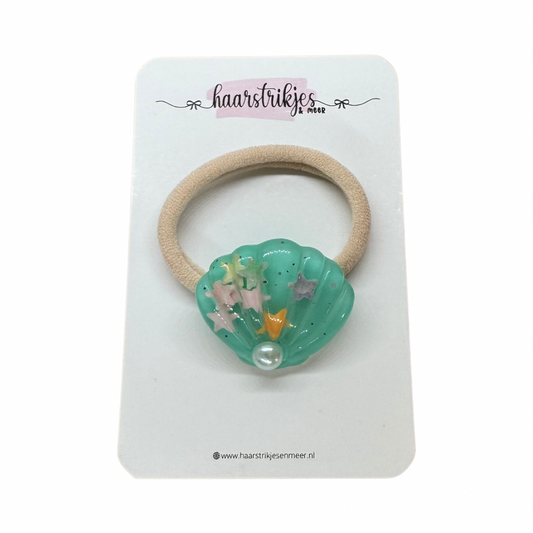 Elastiekje | Groot - Schelp met parel aqua