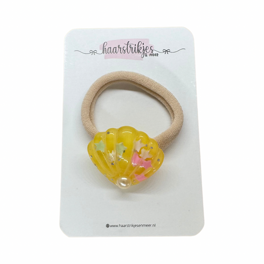 Elastiekje | Groot - Schelp met parel geel