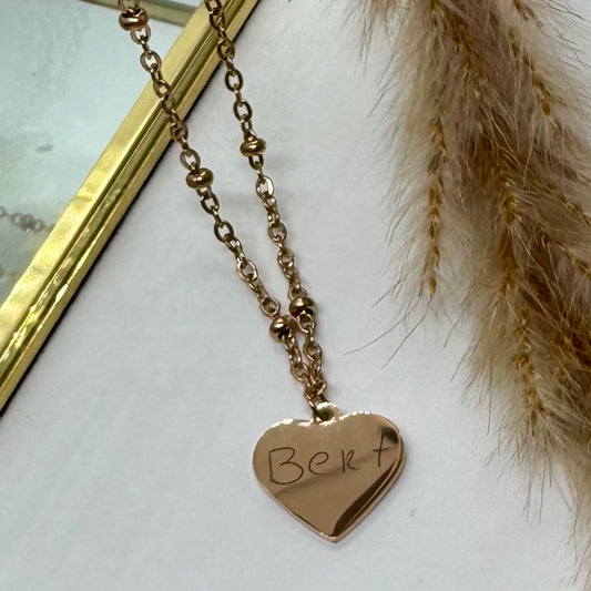 Ketting - Rosé goud hartje groot rvs eigen geschreven naam