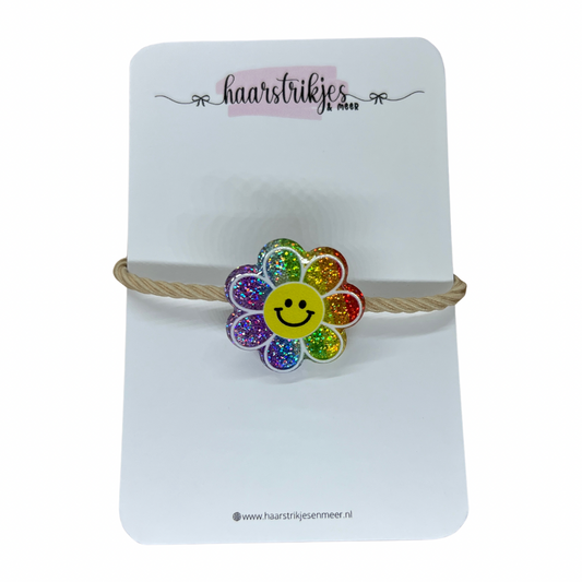 Elastiekje | Groot - Regenboog smiley bloem